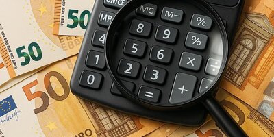 Unter einer Lupe liegen Euronoten und ein Taschenrechner 